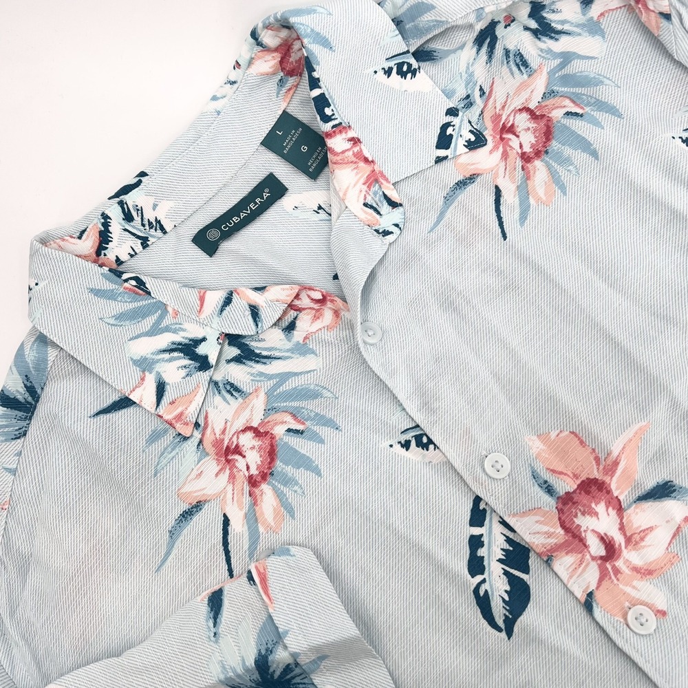 CUBAVERA Men's L Light Blue Tropical Hawaiian Short-Sleeve Button-Up Rayon Shirt